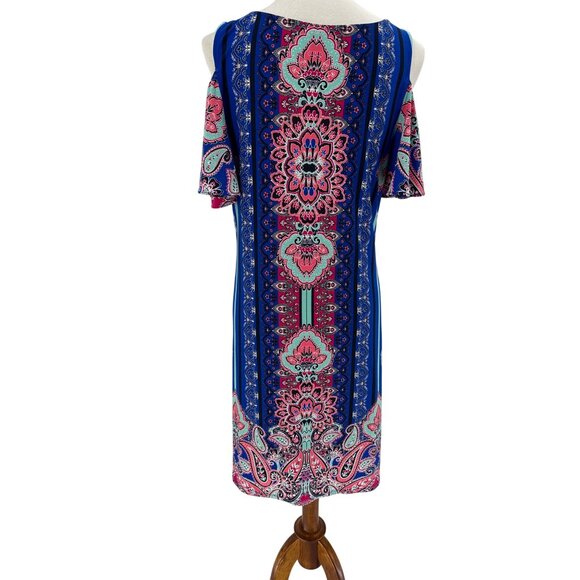 Paisley Print Cold Shoulder Dress Flowy Mandala Boho Midi Msk, Size L - Picture 7 of 9